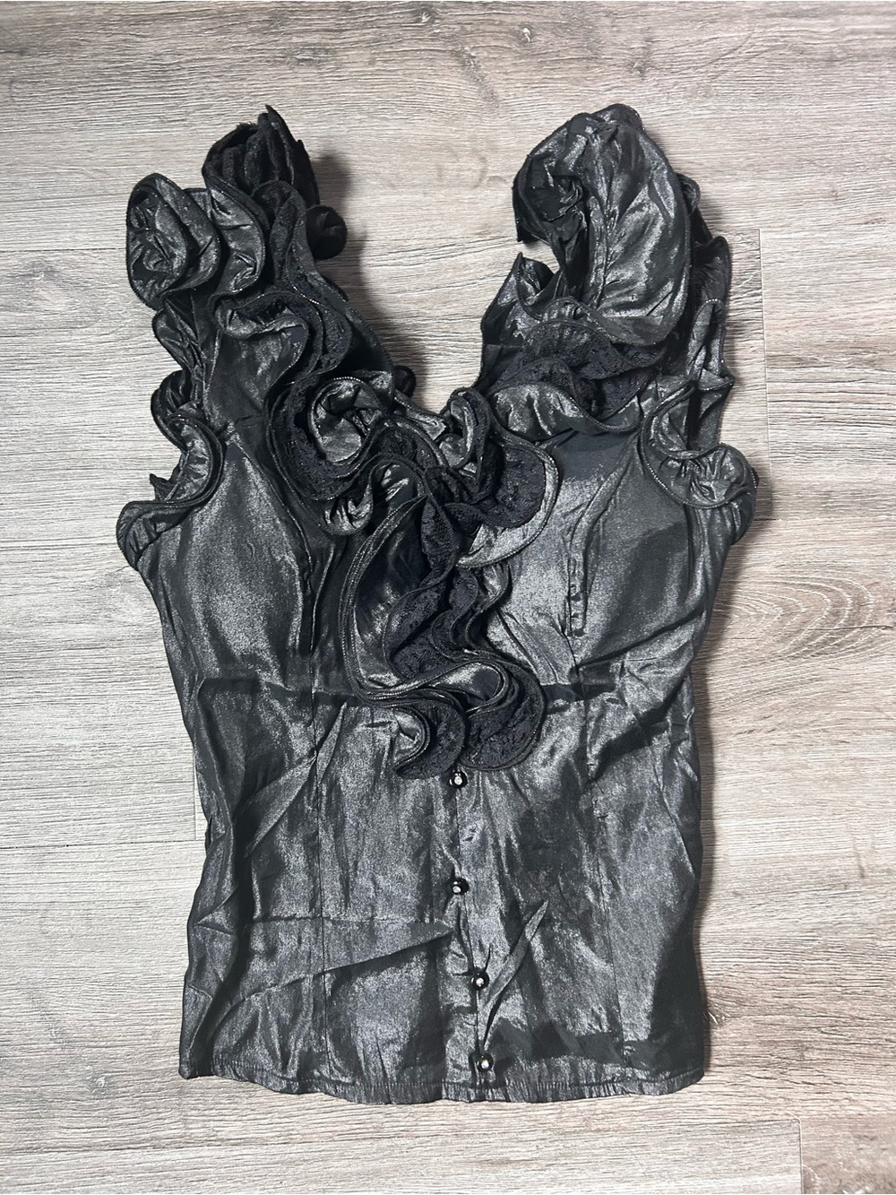 Y2K Ruffle Pirate Horror Game Protagonist Oh Yes Black Ruffle Sleeveless Blouse